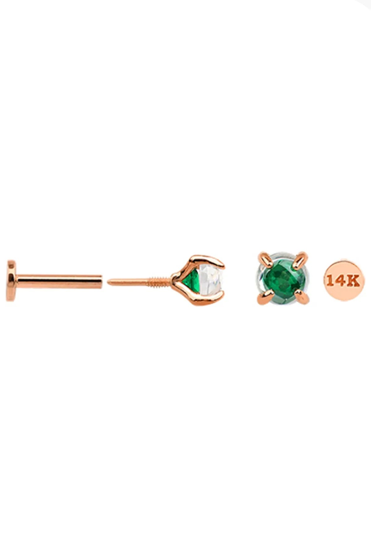 14k Solid Gold Two Tone Cz 4 Prong Helix Cartilage Internally Threaded Flat Back Earring Labret Stud