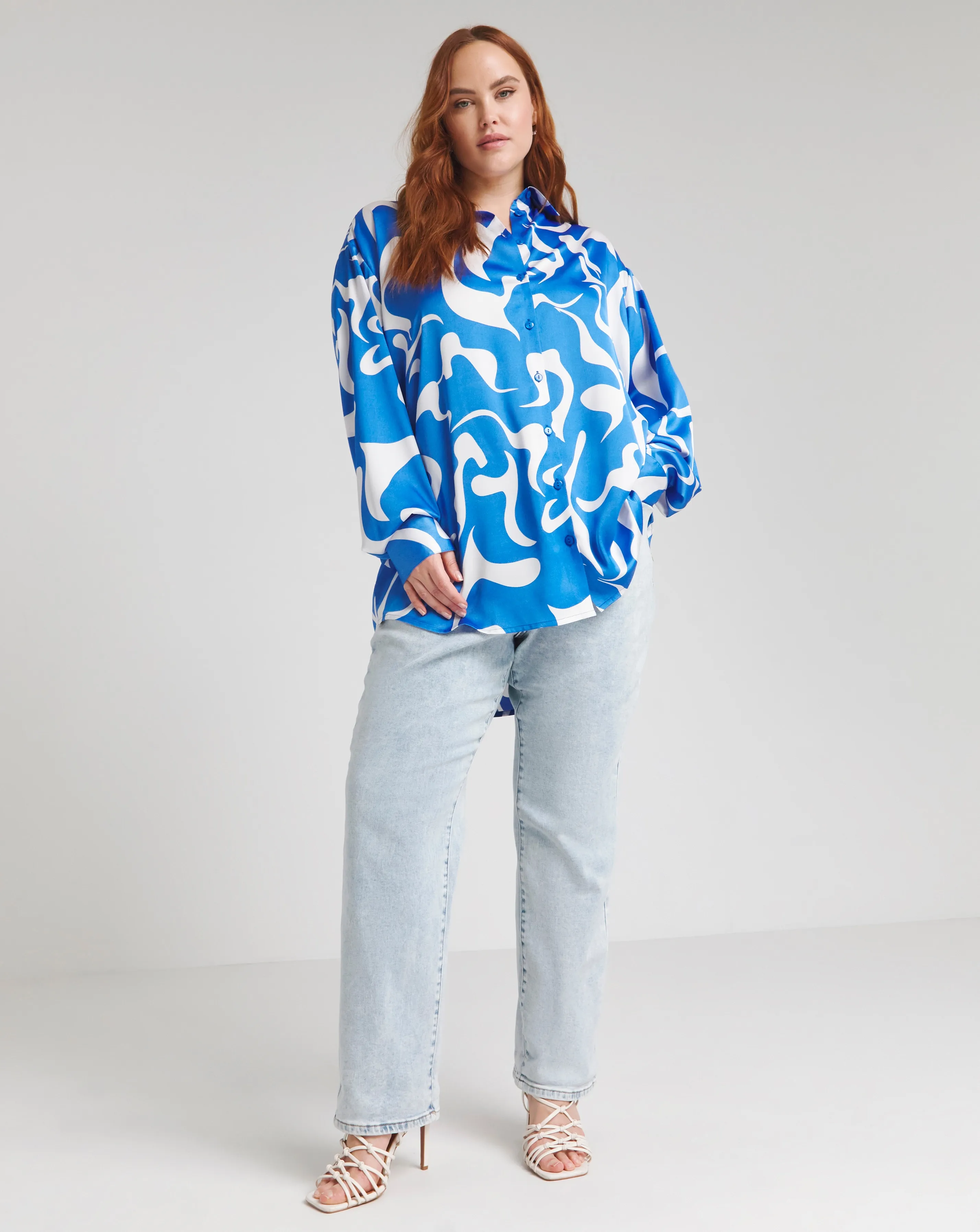 Blue Swirl Print Relaxed Satin Long Sleeve Shirt | Simply Be