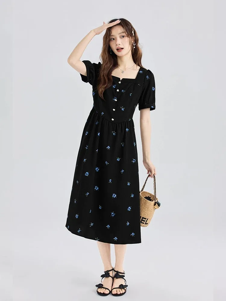 Love rose temperament square collar black floral skirt large size fat mm French dress high-end women's summer beautiful skirt